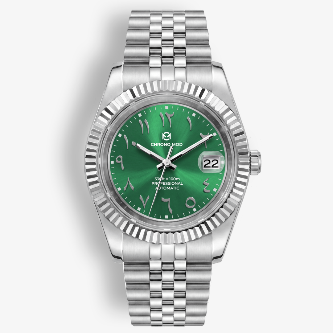 Chrono Mod Classic Date watch with green Arabic dial and Jubilee steel bracelet, 39 mm case