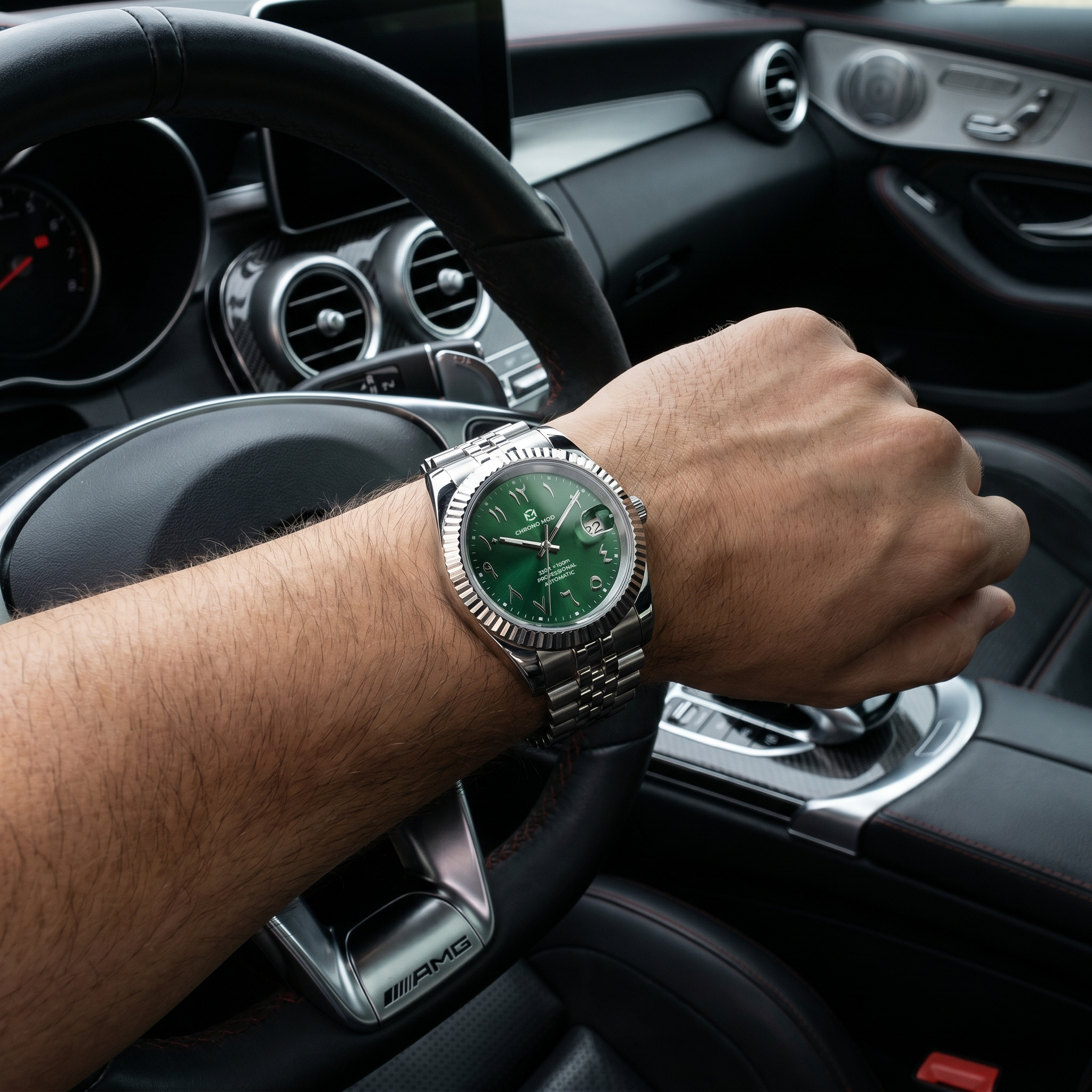 Green Arabic dial automatic watch worn on the wrist